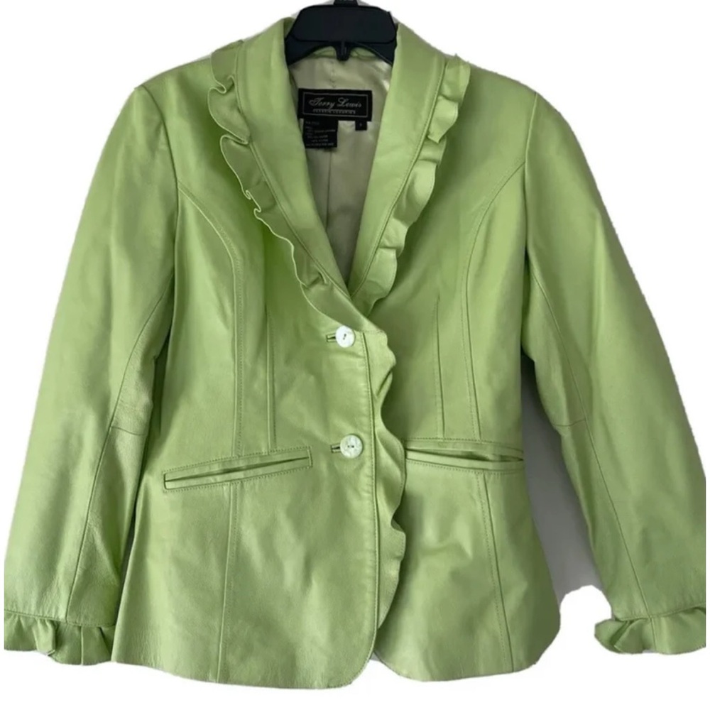 Lime Ruffled Leather Jacket - Picture 2 of 6
